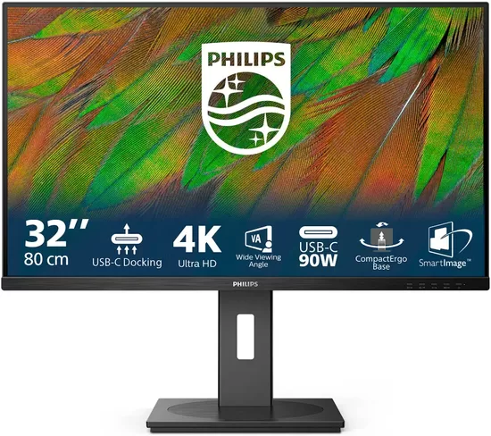 Philips 31.5inch 3840x2160 IPS Flat H/A Pivot USB-C DOCK 90W RJ45 USB HUB SPEAKERS WEBCAM2MP Light Sensor DP1 HDMI2 350 cd/m2 P-LINE