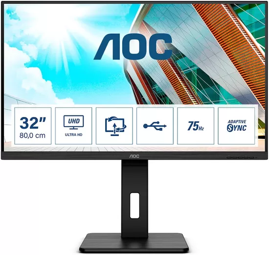 AOC U32P2 31.5inch VA WLED UHD 3840x2160 16:9 3000:1 350cd/m2 178/178 75Hz 4ms 2xHDMI 2.0 3Wx2 100x100 Black