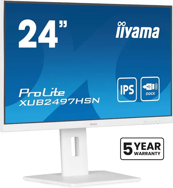 IIYAMA XUB2497HSN-W2 24inch IPS FHD 300cd/m2 1ms HDMI DP DP OUT 3xUSB 3.2 USB C 7.5W LAN Speakers 15cm Height Adj. Stand White (P)