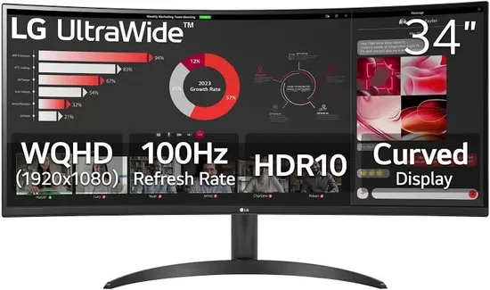 LG 34WR50QC-B.AEU 34inch VA Curved UW QHD 21:9 100Hz 3000:1 300cd/m 5ms 2xHDMI 2.0 DP HDR10 AMD FreeSync Black